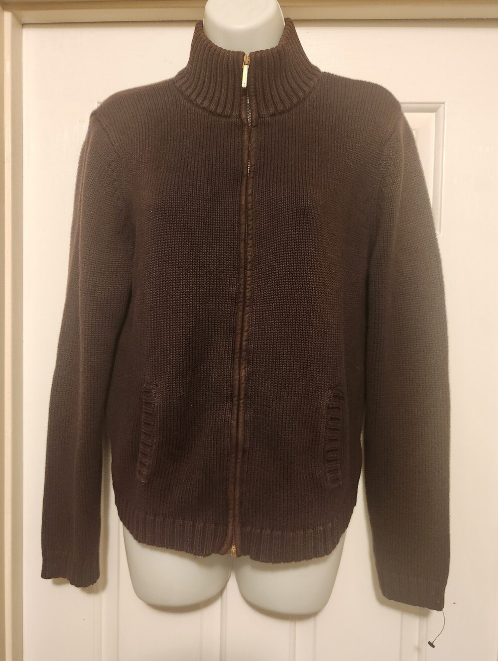 Women's Ralph Lauren Brown Full-Zip Ribbed Collar Sweater - Picture 1 of 5